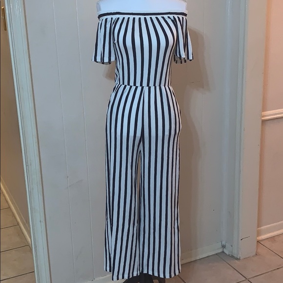 Navy & White Striped Off Shoulder Jumpsuit S M L - Picture 8 of 8